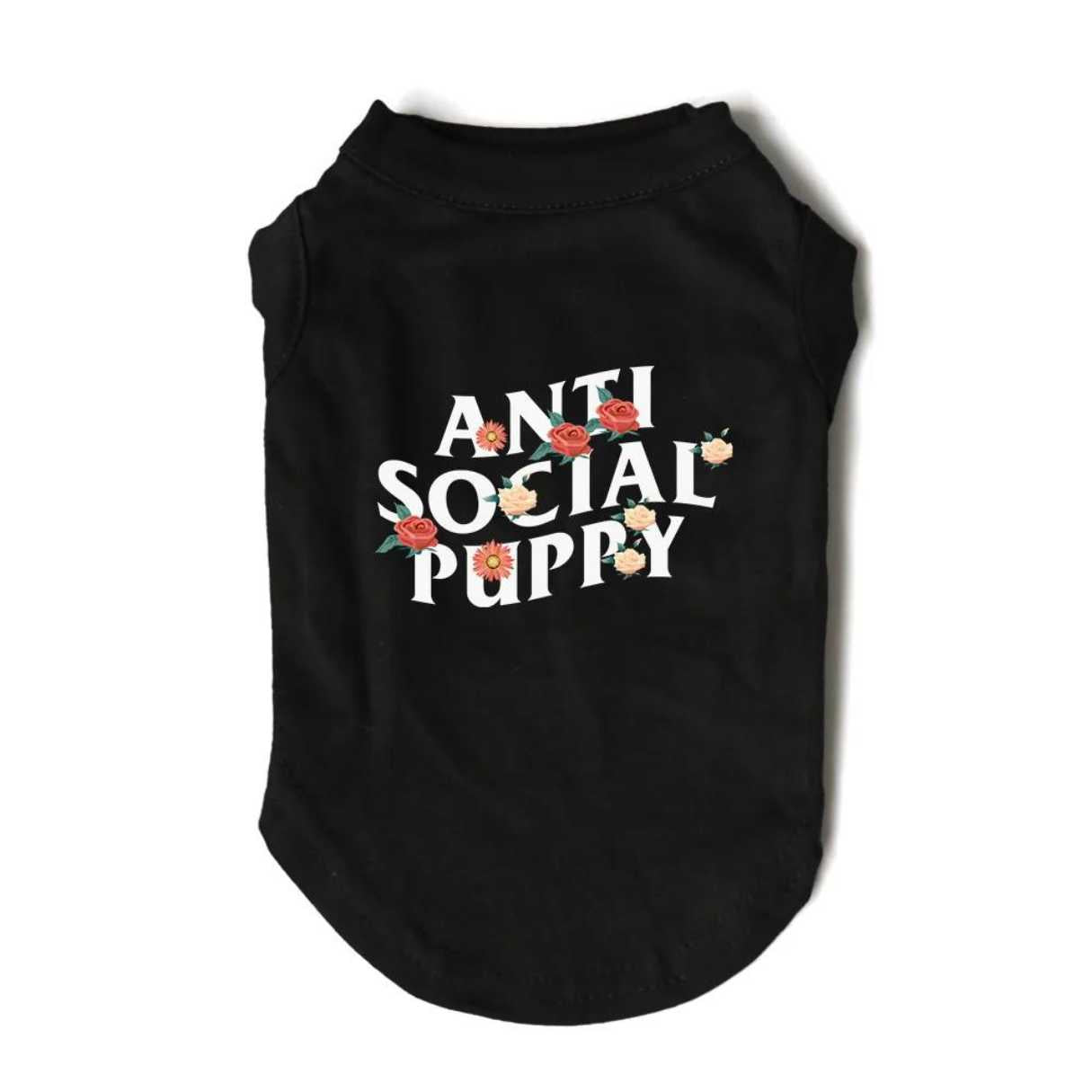 Anti Social Black Puppy Dog Tshirt with flowers on the tshirt, singlets, sleeveless clothes