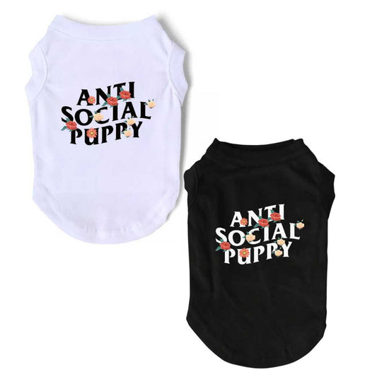 Anti Social colour black and white puppy and dog tshirt, singlet, sleeveless and clothes
