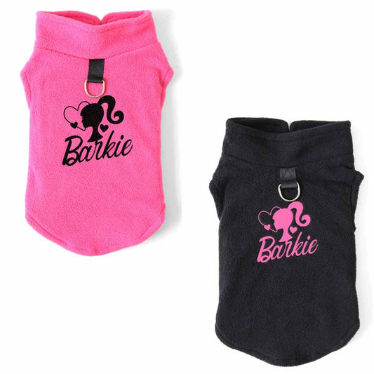 Barkie Doll vest, jacket, clothes for dogs colour pink and black. Has a attachable lead holder. The writing has also a outline of barbie on both.