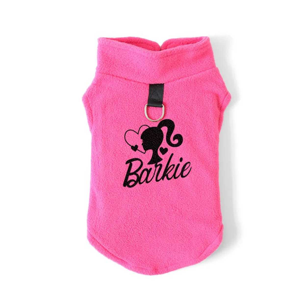 Barkie Doll vest, jacket, clothing Pink with black writing on it for dogs with barbie on it