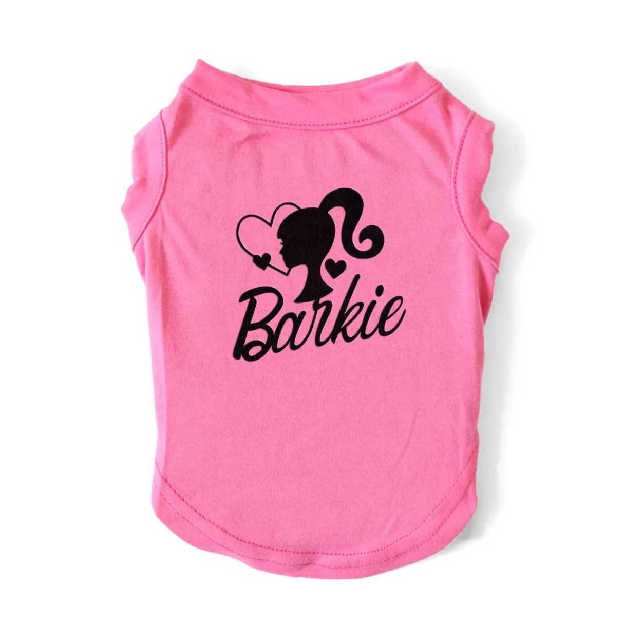 Barkie Doll Pink Tshirt, sleeveless, singlet, clothes with black writing and barbie on it.