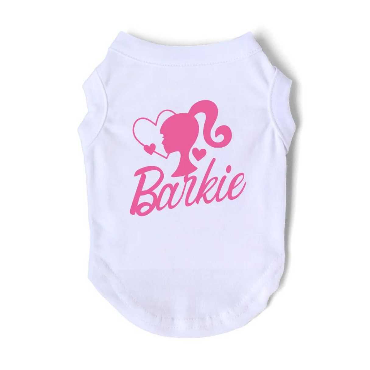Barkie white Tshirt, singlet, sleeveless, clothes with pink text and a barbie on it