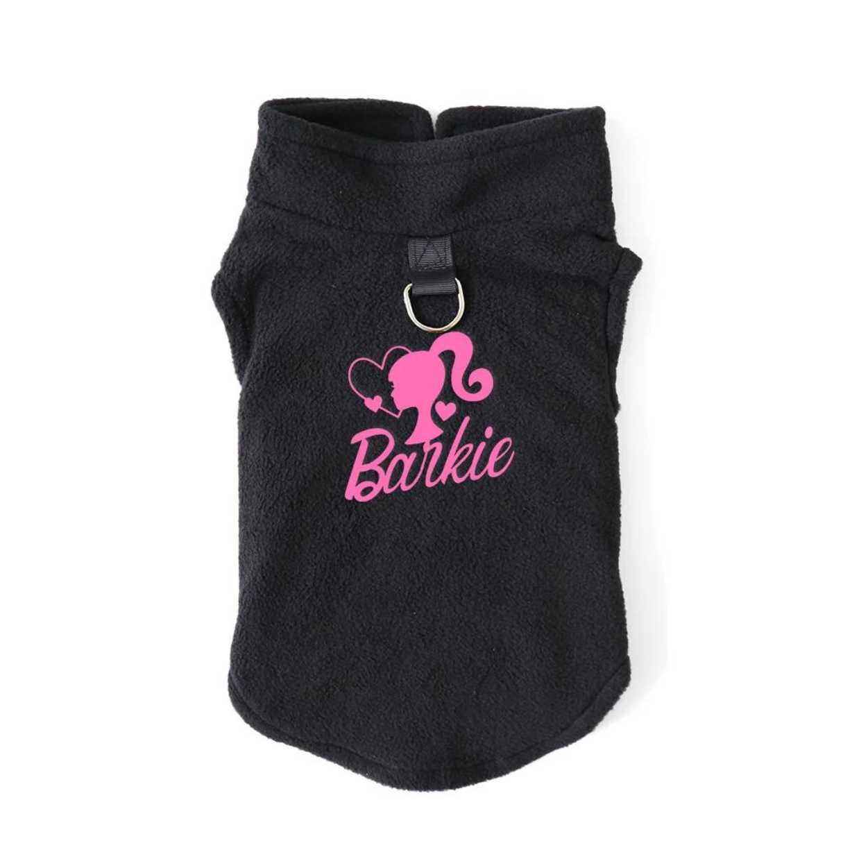 Barkie Doll dog vest, jacket, clothes Black with pink writing on it with barbie. 