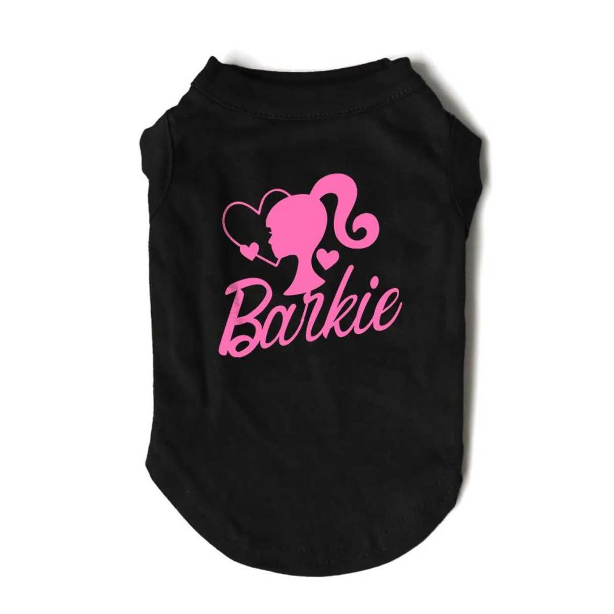 Barkie Doll Black Tshirt, Singlet, Sleeveless With Pink text with barbie on it.