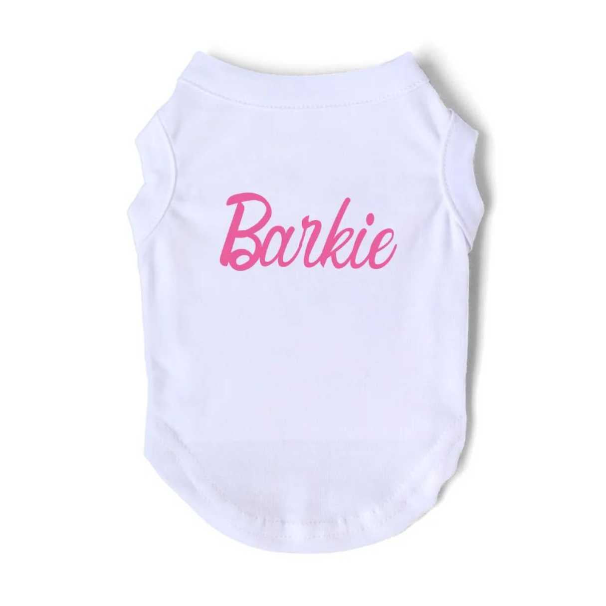 Barkie White tshirt, singlet, sleeveless Dog clothes with pink cursive text