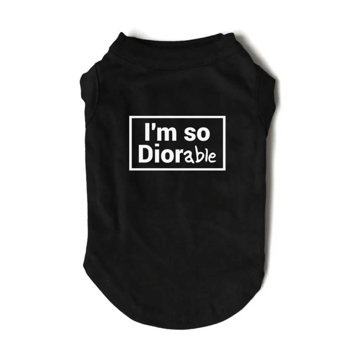Black Dog Diorable Tshirts, singlet, dog clothing in black with white text.