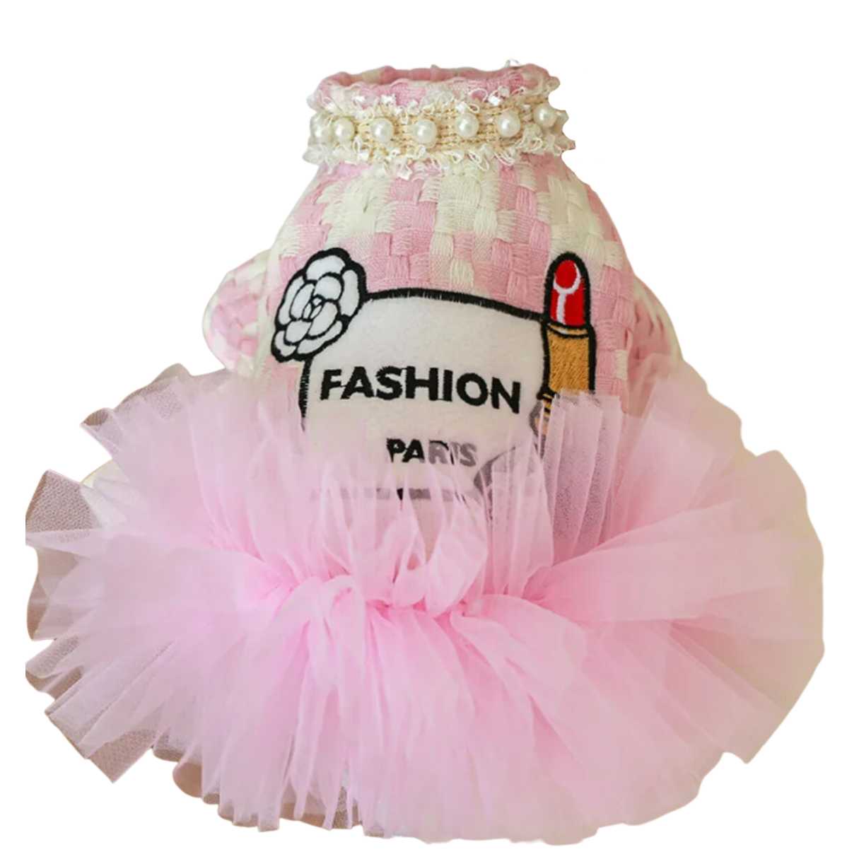 Pink fashion paris dog dress with a pearl style around the neck.