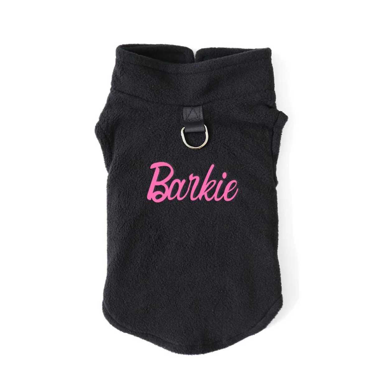 barkie dog vest, jacket, clothes comes in black with pink writing. Has a holder for the lead